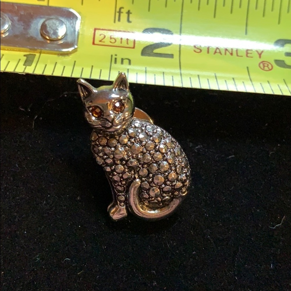 Vintage Cat Pin with Amber Crystal Eyes - Textured